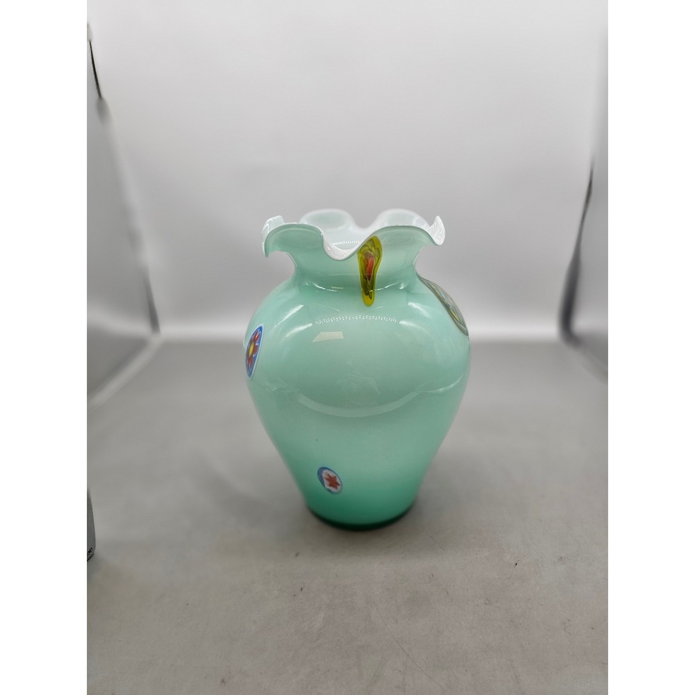 Murano Style Millefiori Mint Green Art Glass Vase Ruffled Rim 6.25in